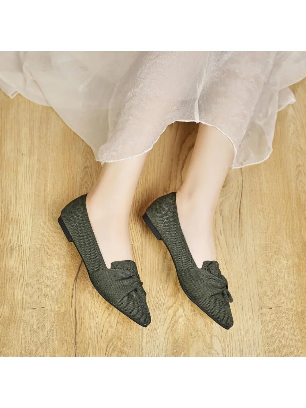 Women's Green Pointed Toe Ballet Flats with Bow Comfortable Knit Dressy Shoes